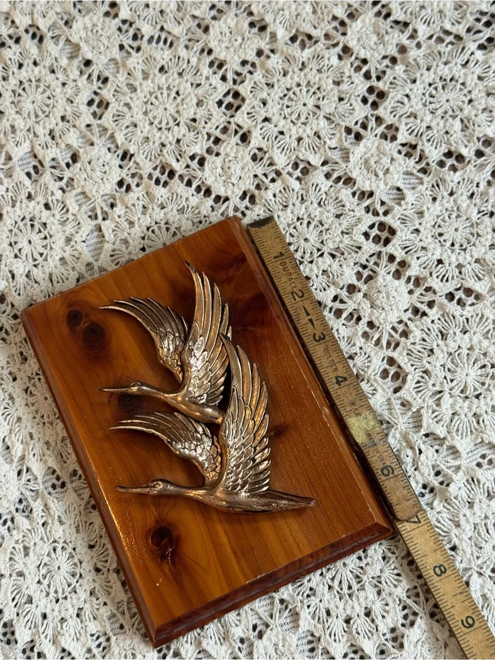 Vintage Brass Tone Flying Cranes Wall Plaque on Wood